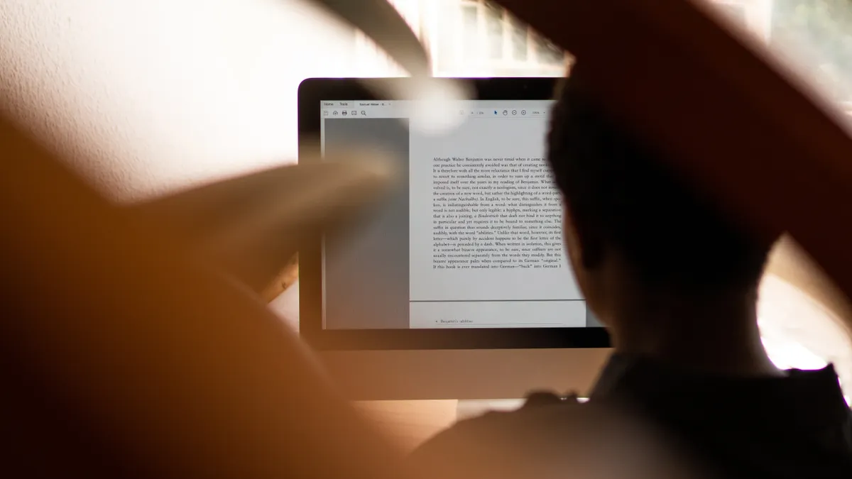 Person reading text on a computer screen