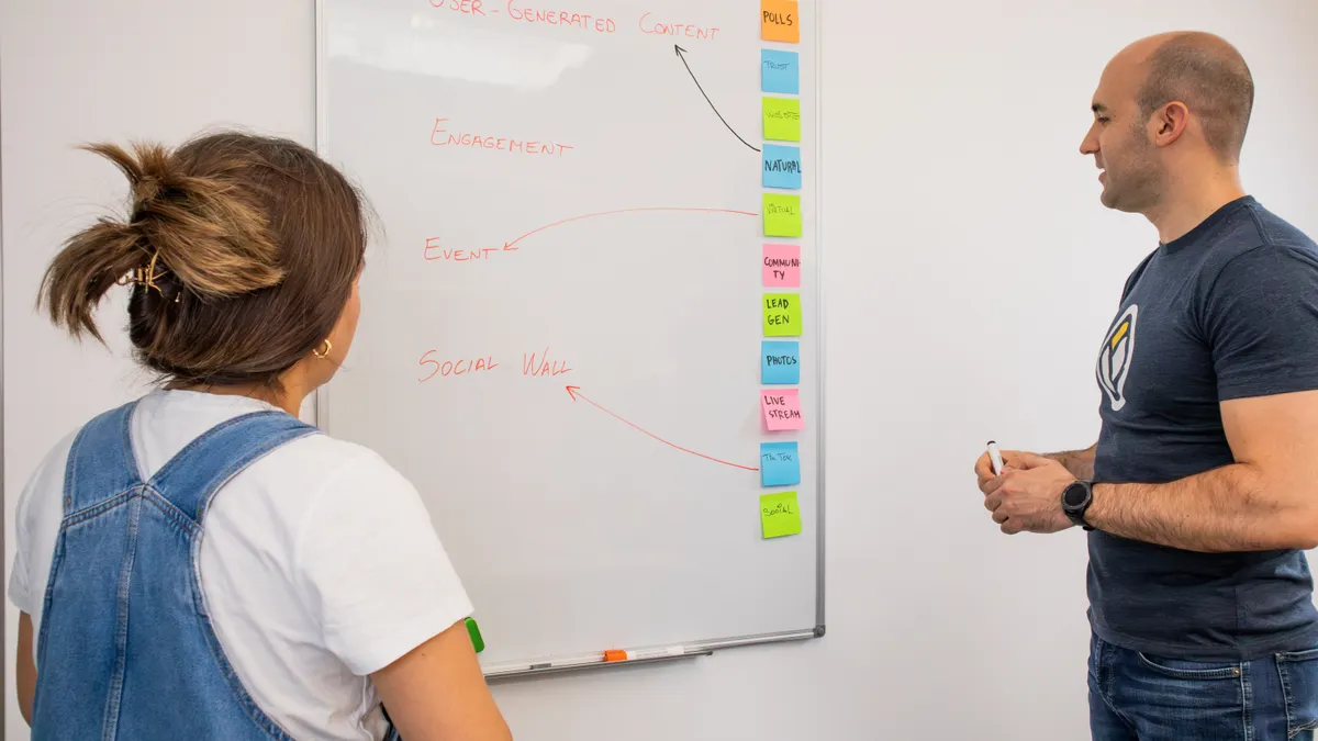 people discussing a whiteboard with sticky notes