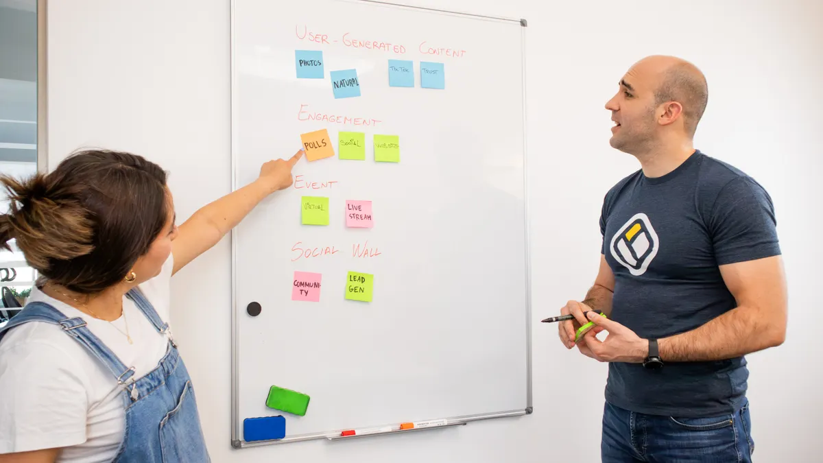 Content workflow templates for blogs, newsletters, and thought leadership Team planning a workflow on a whiteboard with sticky notes
